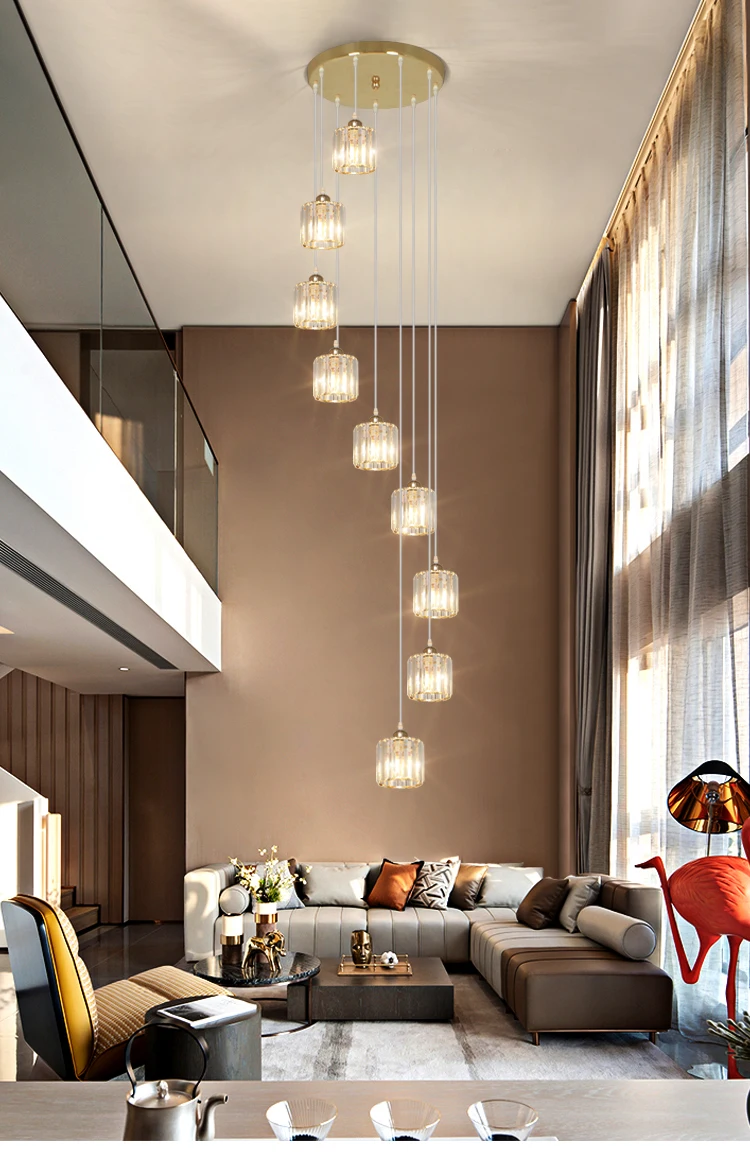 Candelabro largo de escalera para Loft, luz dúplex, lámpara de cristal de lujo, lámpara giratoria nórdica Simple y moderna para Villa, pabellón y restaurante