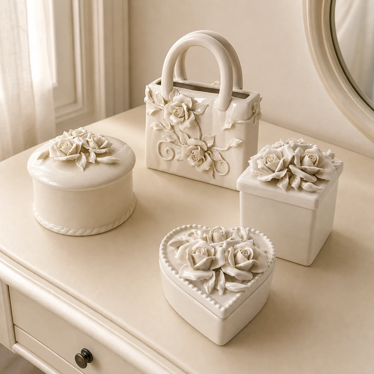 ColorValue Embossed Camellia Ceramic Vase Ornament Vintage Jewelry Storage Jar Display Plate for Home Decor