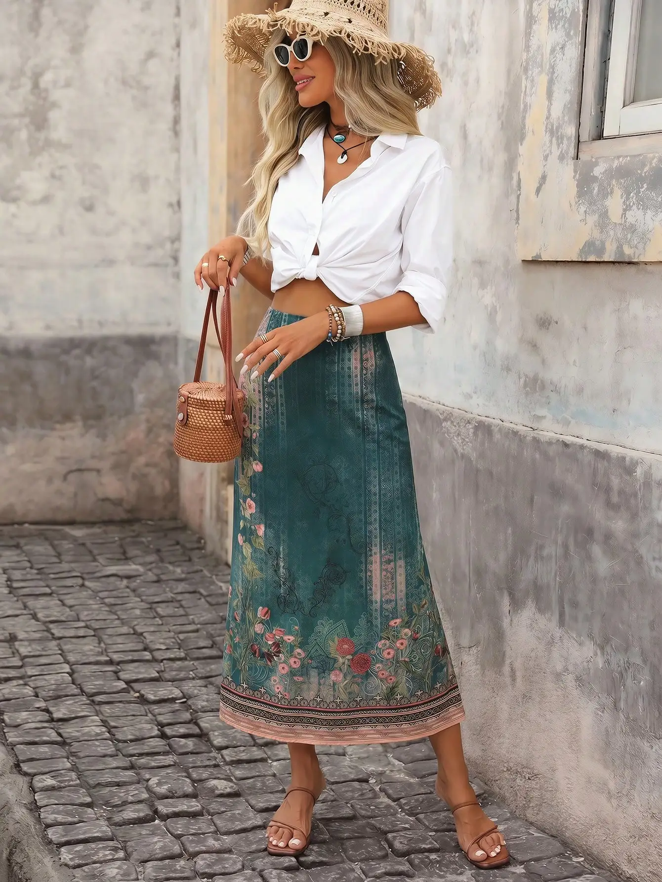 Brillora Green Floral Summer Boho Vacation Holiday Lady Elegant Teal Sequin Tropical Woven Print Skirt, Country Concert Office Beach For Women