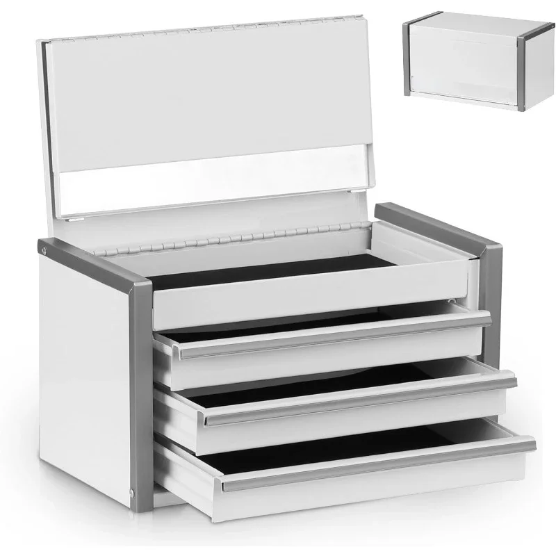 

Mini White Tool Box, Portable 3 Drawer Steel Tool Box with Magnetic Tab Locking, White Micro Top Chest with Liner