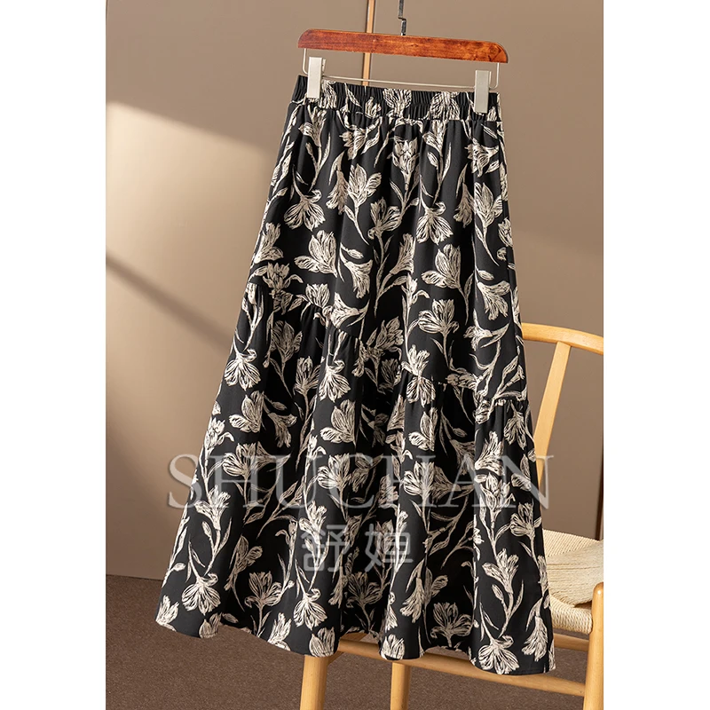 Light and Elegant, French Art Printing 2M + Large Pendulum High Waist Elastic A-shaped Skirt Women 29C1
