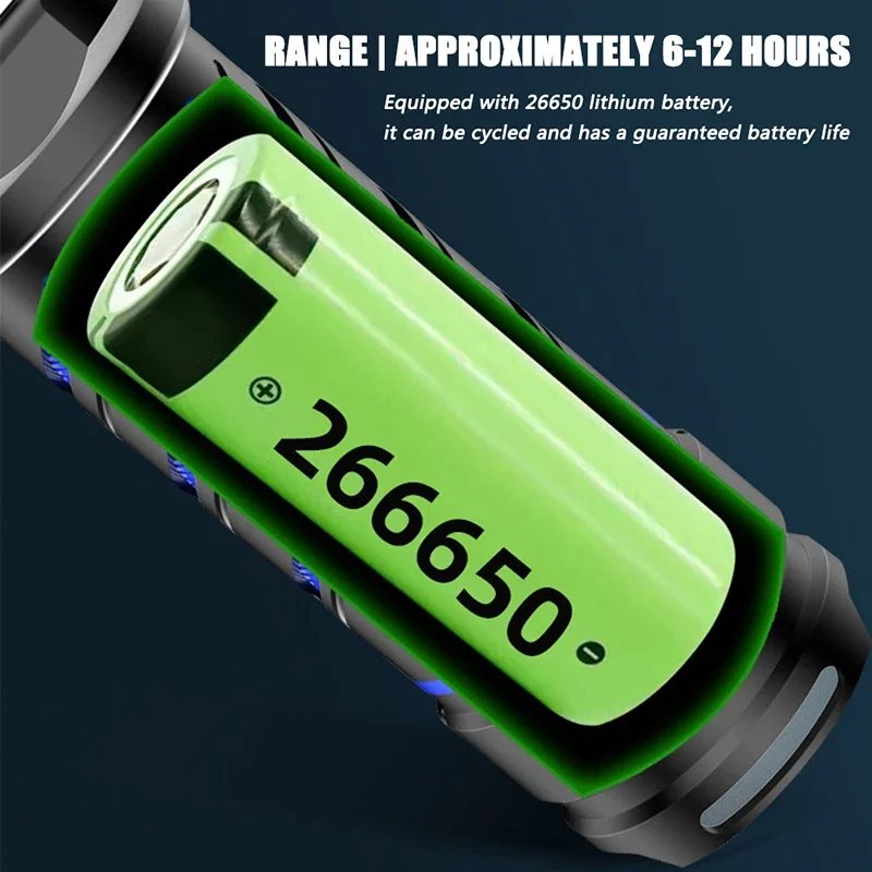 60W High Power Rechargeable LED Flashlight Torch, Zoomable Light, Tactical Flash Light, Outdoor Camping Lantern, 26650 Battery