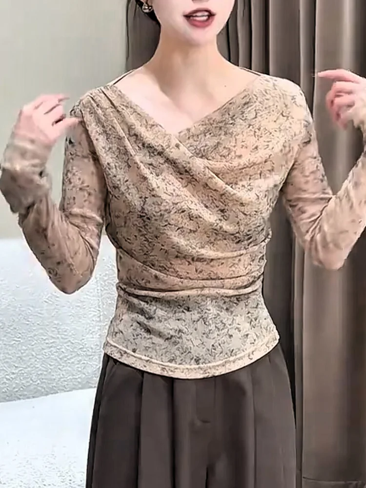 

Korean Sle Slimming Dyed Long Sve irt Collarl Autumn New plus Size Faionable Versatile Slimming Top Women's Clothing