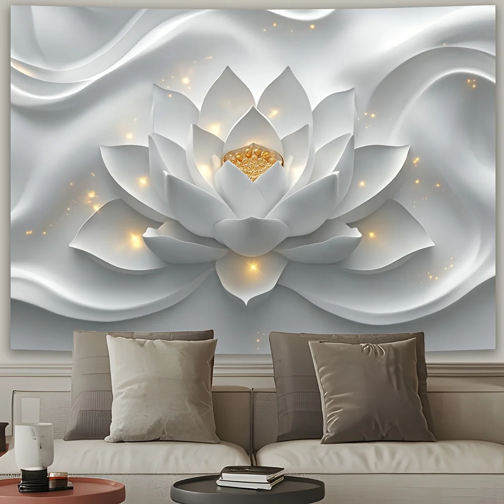 Ethereal White Lotus Flower Wall Tapestry for Serene Living Room Decor, Featuring a Stunningly Detailed Blossom with Delicate
