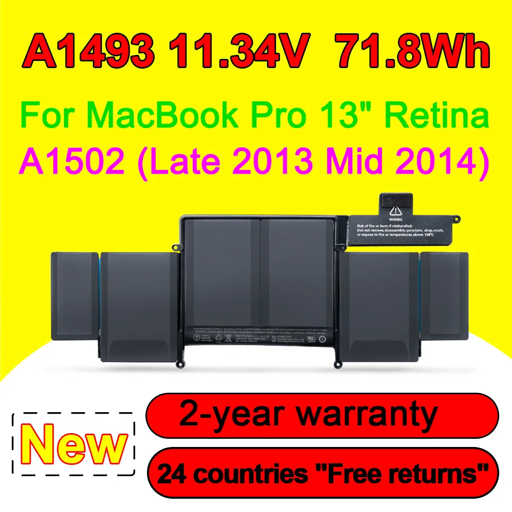 

A1493 For MacBook Pro 13" Retina A1502 Late 2013 Mid 2014 Version ME864LL/A Laptop Battery Notebook Batteries 11.34V 71.8Wh