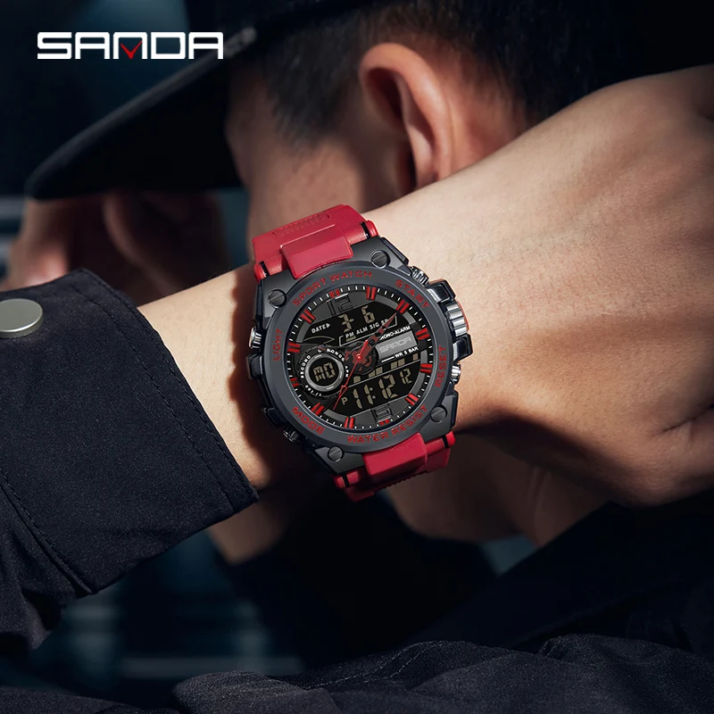 Sanda na moda relógio de exibição dupla multifuncional hd led digital 50m relógios militares à prova dwaterproof água despertador cronometragem reloj 9010