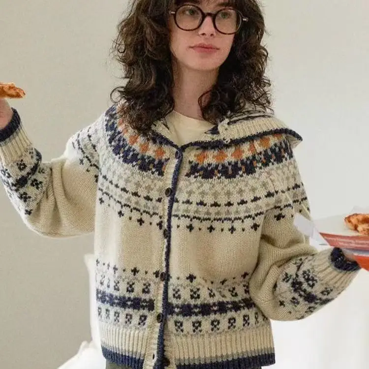 

Nordic Sle Fair Isle вязаный свитер пальто винтажная вышивка антивозрастной капюшон свободный открытый кардиган женская мода
