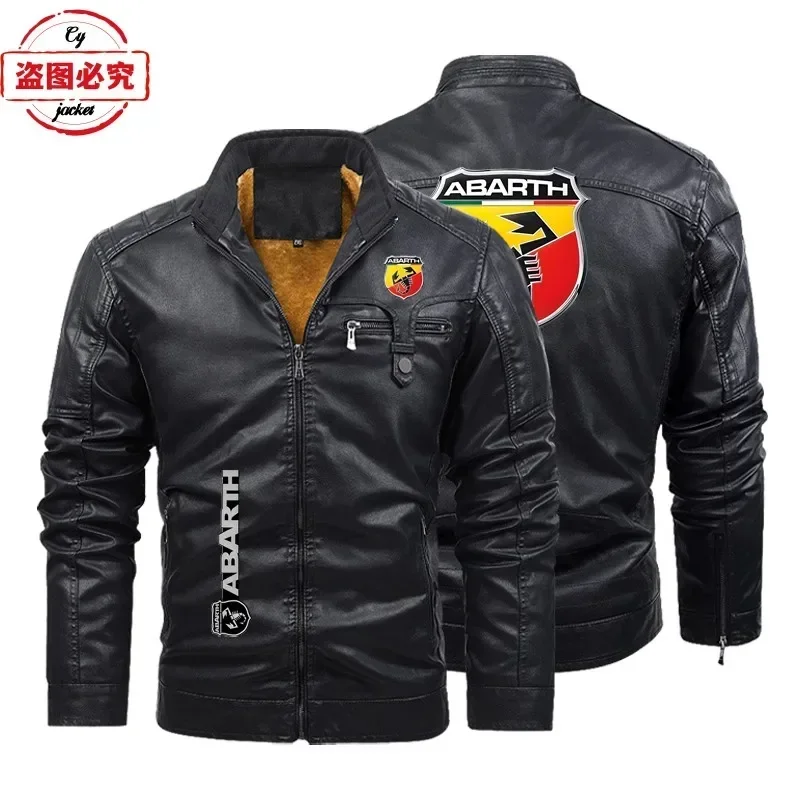 ABARTH Car Logo Retro Washed PU Leather Jacket Windproof and Plush Warm Men's Abbas Solid Color Leather Jacket Racing Suit