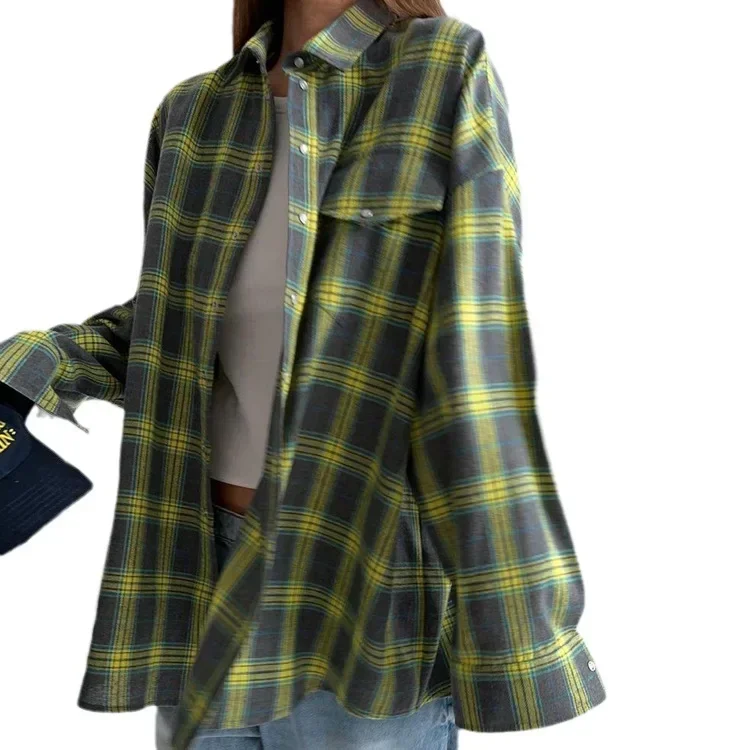 Vintage Loose Plaid Women\'S Shirt Fashion Lapel Long Sleeve Office Lady Shirts and Blouses Tops Female Clothing 2023