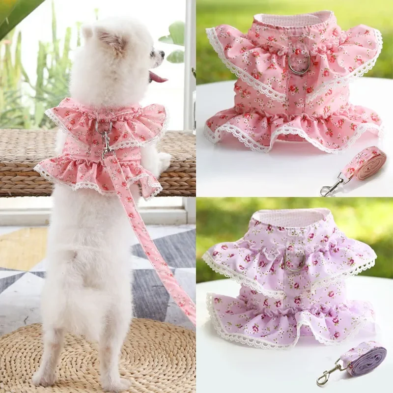 Cute Lace Dog Vests Small Floral Print Dog Harness and Leash Set Pet Walking Leash For Spitz Cat Girl Princess Harness #