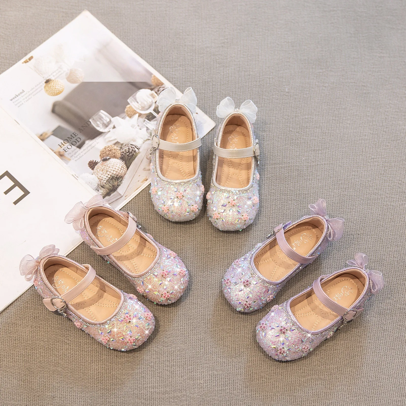 

New versatile casual girls' princess shoes, children's crystal shoes, girls' single shoes, soft soled leather shoes