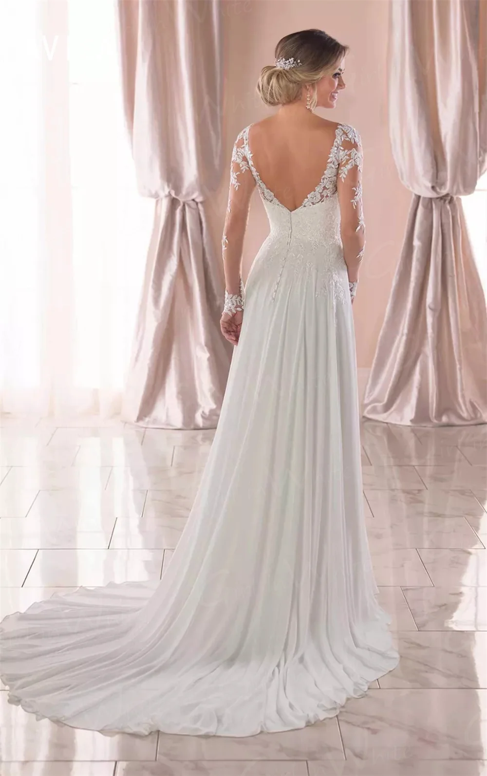 New Romantic Illusion a-line abiti da sposa maniche lunghe abito da sposa con scollo a v abiti da sposa in pizzo Chiffon Backless Vestidos De Novia