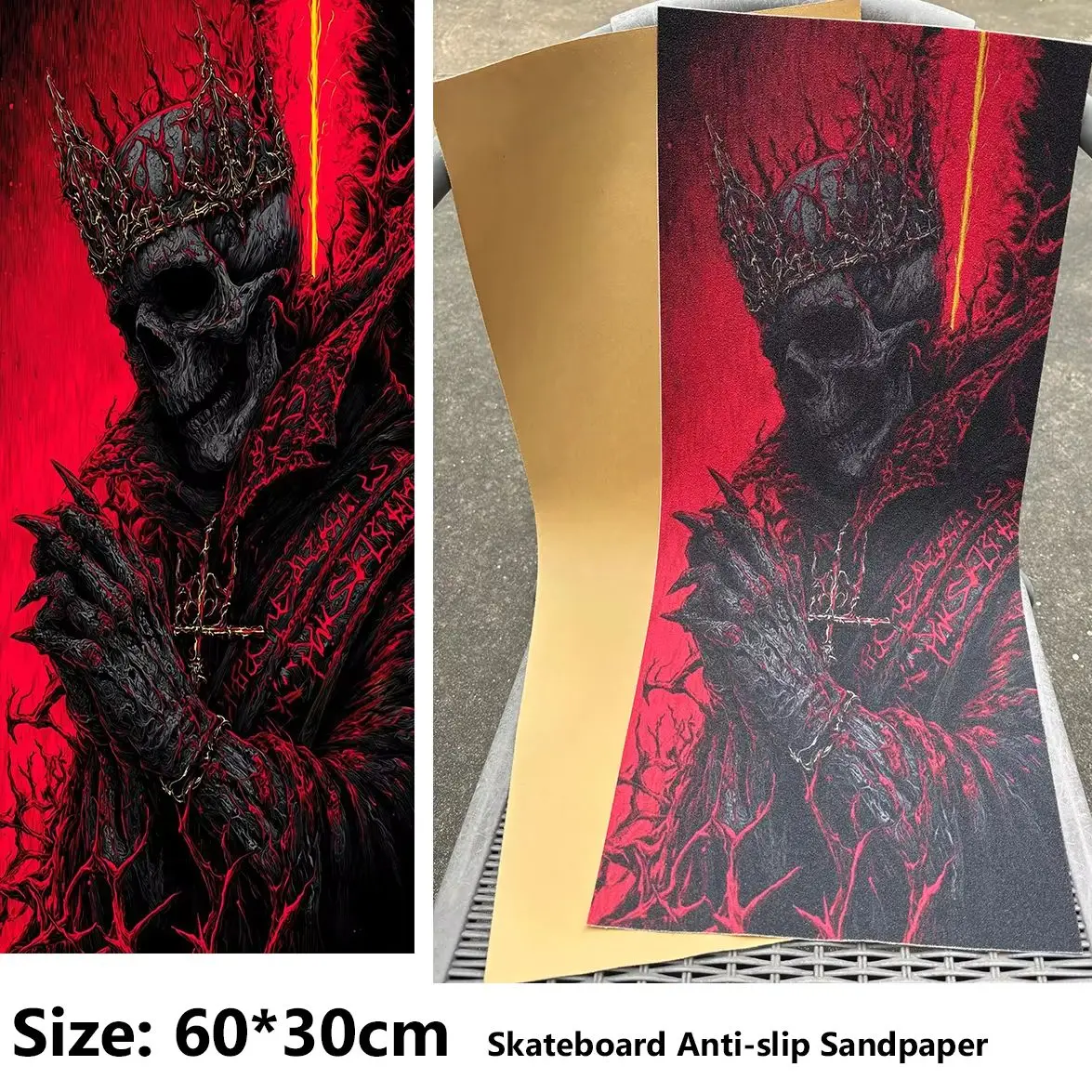 Electric Scooter Anti-slip Sticker Sandpaper Skateboard Grip Tape Sheet 60*30cm Red Crown Horror Pattern