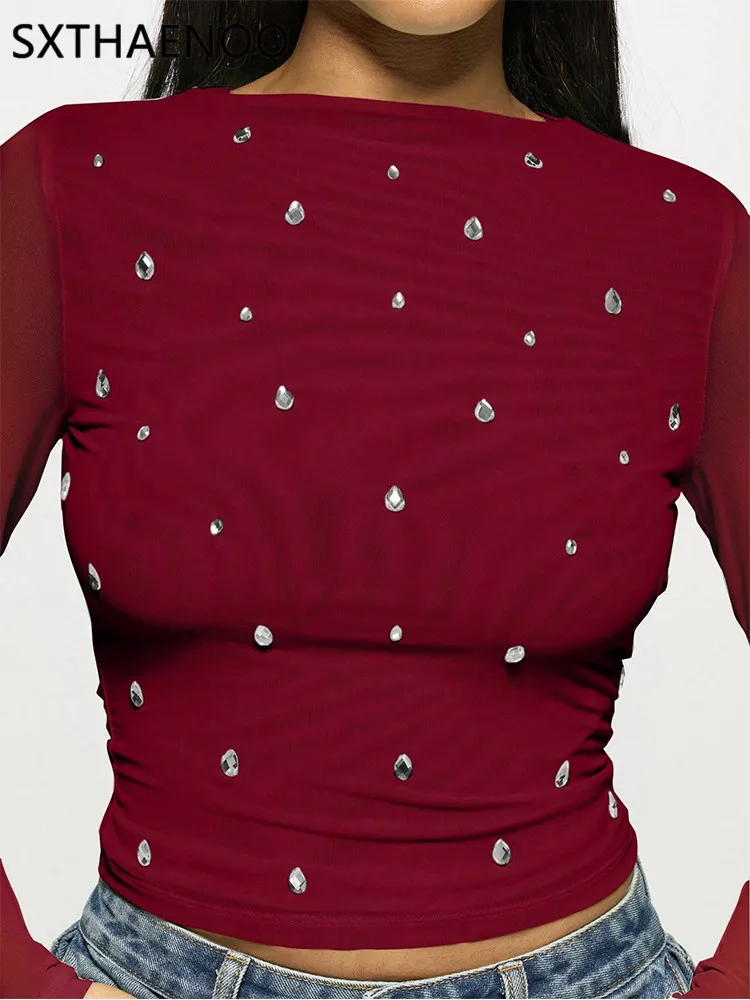 SXTHAENOO Women Mesh T-shirt Long Sleeve Short Double Layer Fashion Hot Diamond Pullover Top Hot Girl Nightclub High Street Tee