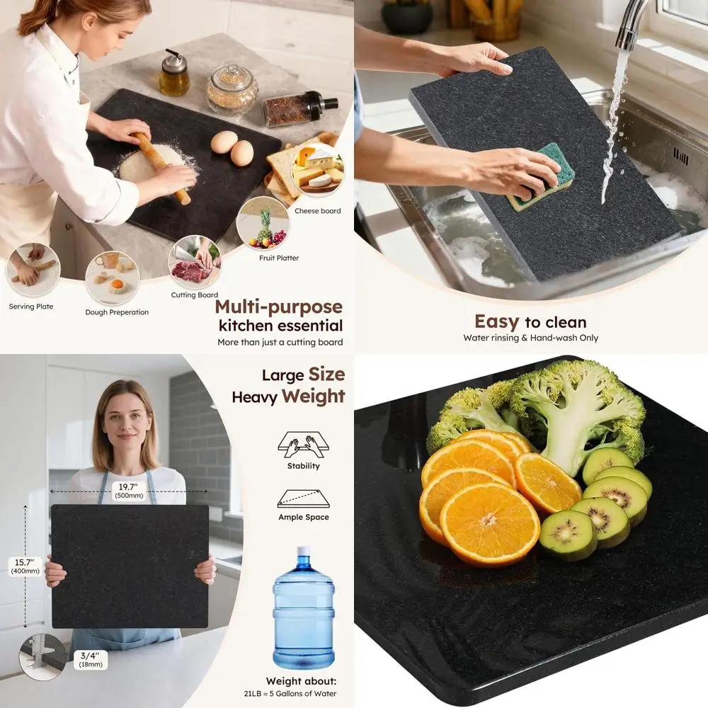 

Large 16x20 Inch Black Granite Kitchen Cutting Board with Anti-Slip Base for Cheese, Charcuterie, and Pastry