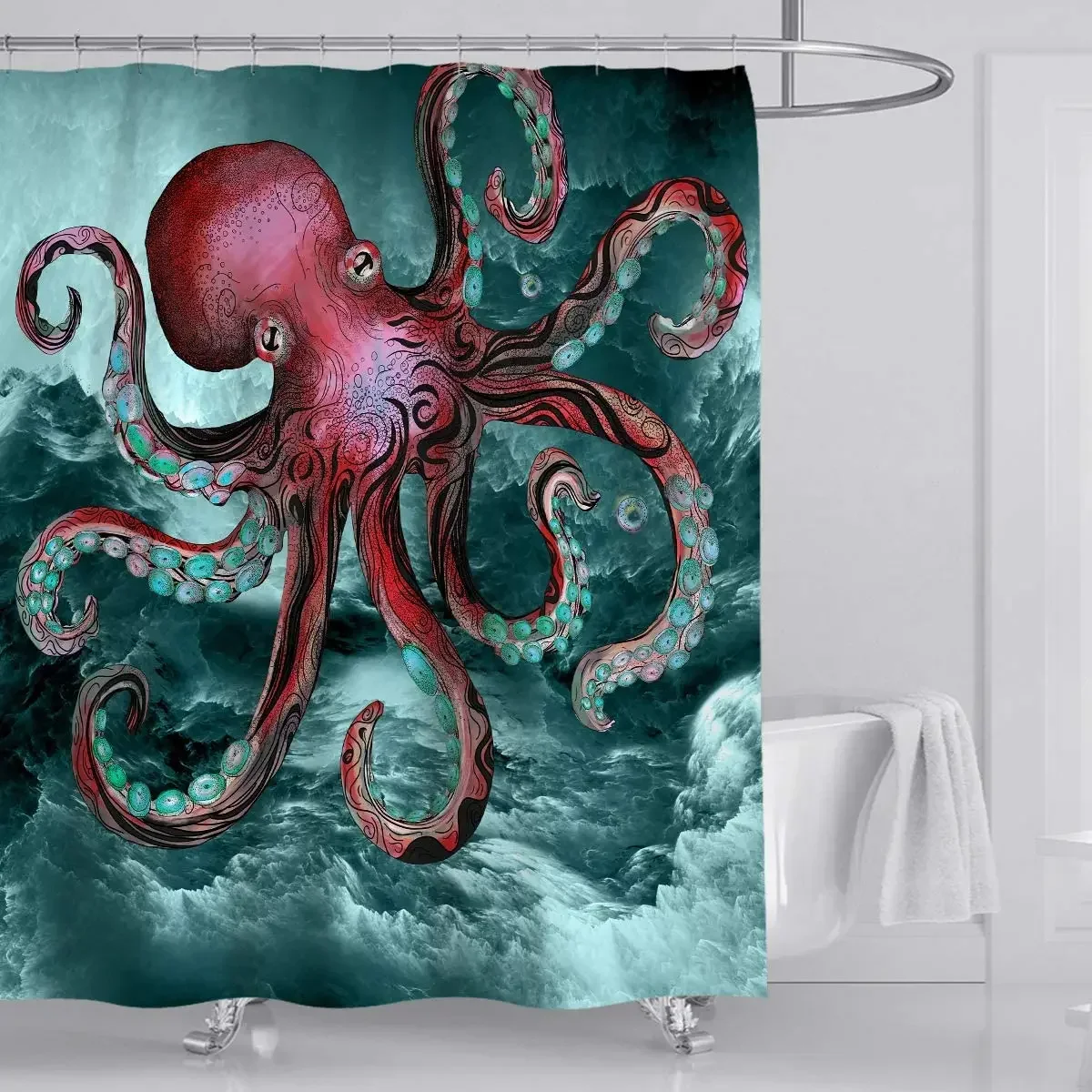 Monochromatic Marine Kraken Octopus Tentacles Around Ship Ocean Monster Map Anime Sailboat Pirate Shower Curtain