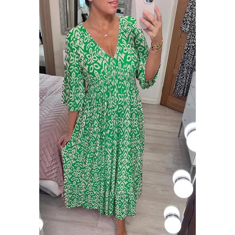 Summer Women's Casual Floral Dress Fashion V-neck Five-point Sleeve Waist Long Dress Seaside Holiday Beach Party Sundress