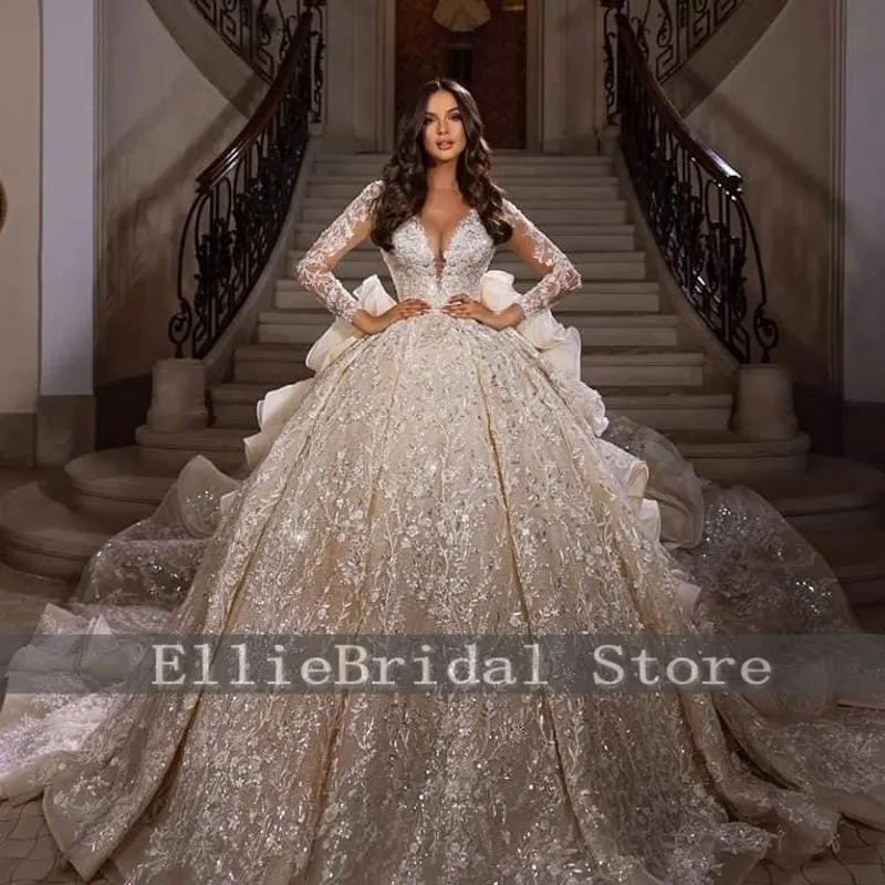 Arabic Champagne Wedding Dresses Long Sleeve Pearls Ruffles Lace Bridal Gowns Sheer Neck Ruffles vestidos de novia Customized