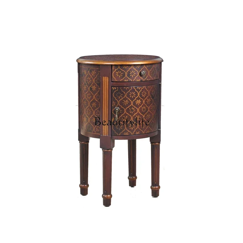 yj21  American retro classic hand-painted pattern burgundy tea table bedside table