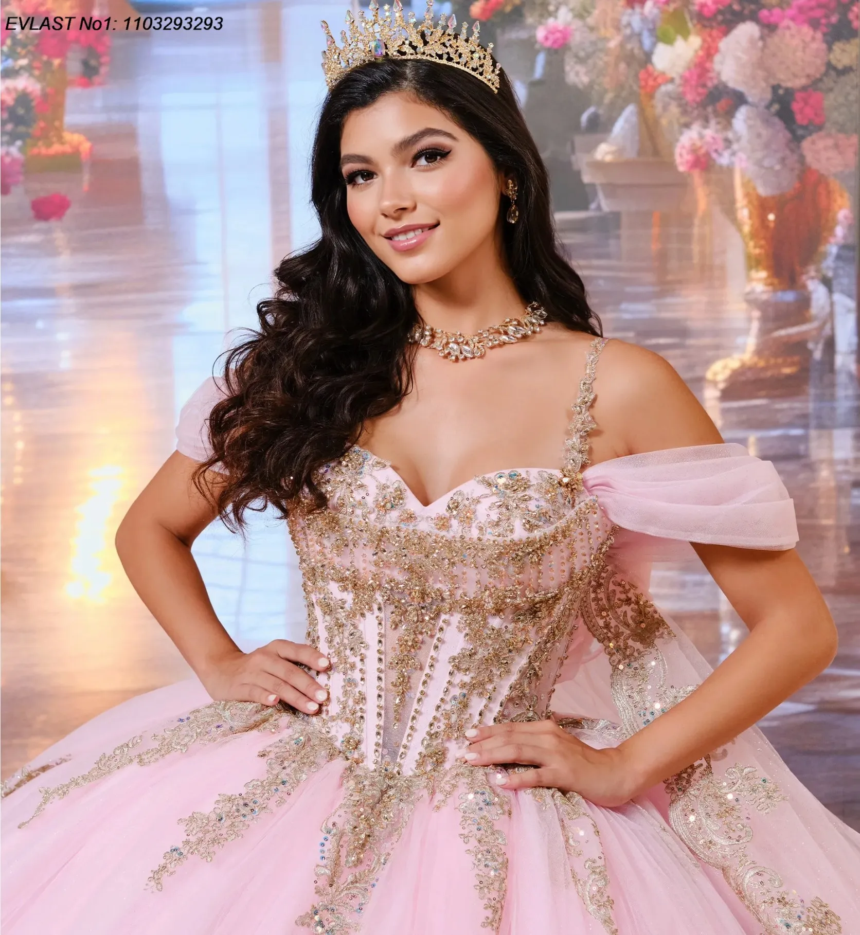 EVLAST Customized Mexican Pink Quinceanera Dress Ball Gown Gold Lace Applique Beaded Corset Sweet 16 Vestido De 15 Anos E1Q69