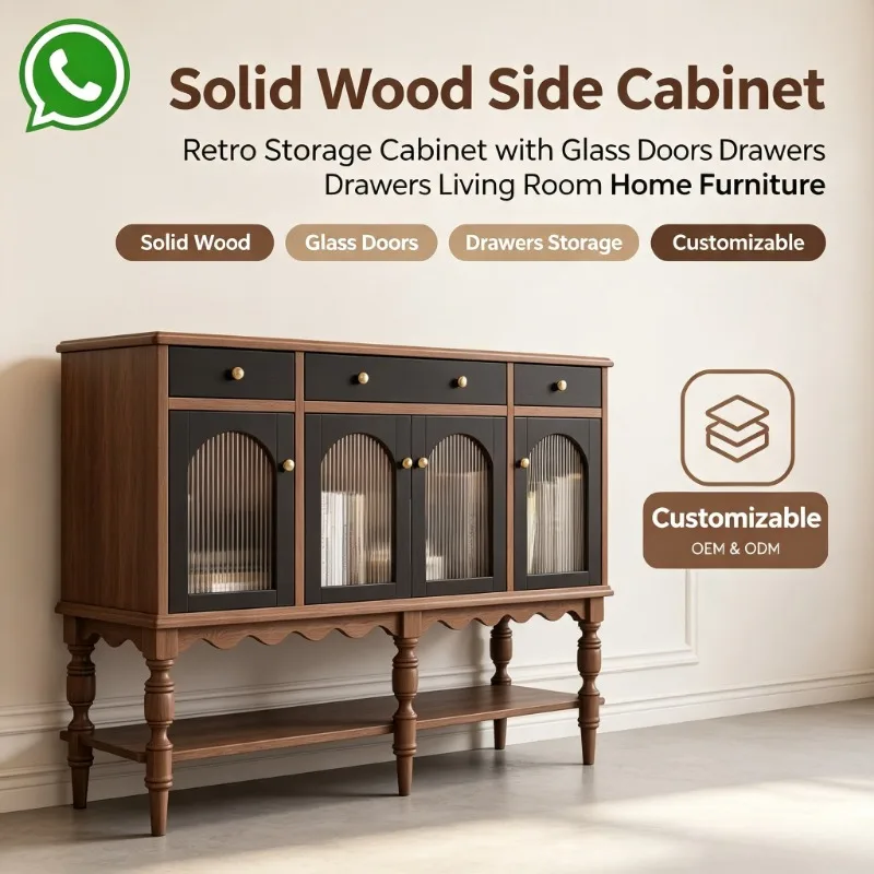 French Vintage Solid Wood Sideboard, American Style Storage Buffet Cabinet for Entryway Divider Living Room Home Furniture
