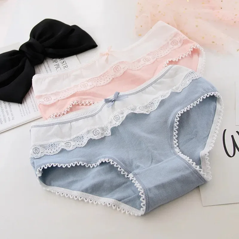 Lolita Style Lace Edge Bow Women\'s Cotton Underwear Comfortable Hip Wrap Cotton Crotch Girls\' Briefs  Underwear Women  Panties