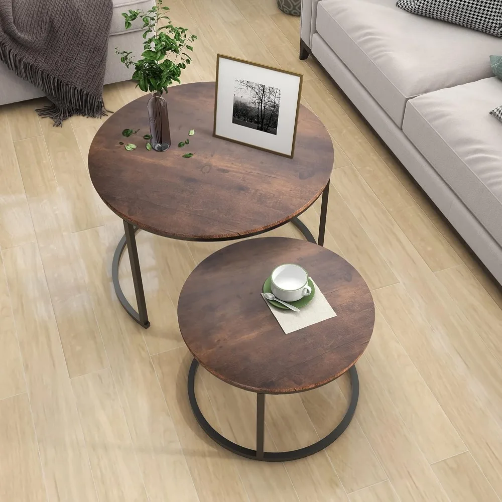 Industrial Round Coffee Table Set of 2 End Table for Living Room,Stacking Side Tables, Sturdy