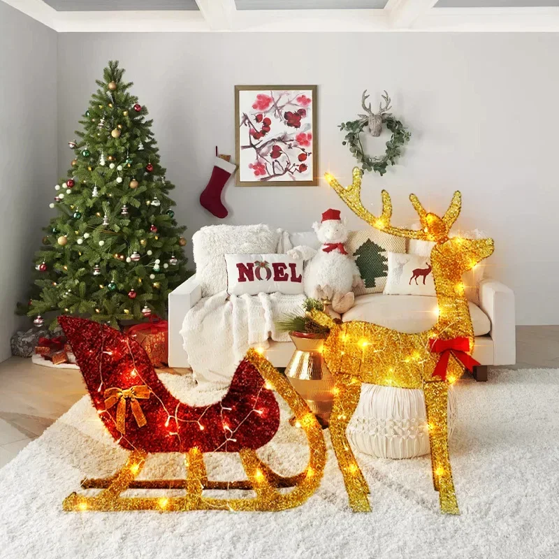 

2025 Lucky Lighted Christmas Reindeer and Sleigh Outdoor Yard Decoration Set with Lights Stakes Holiday Decorations