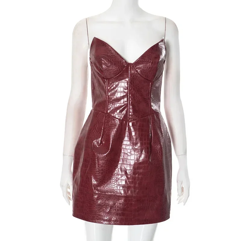 2025 Strapless A Line Bodycon Mini Dress Fashion Hot Summer PU Leather Sexy Party Dresses Women Going Out Vacation Dress Vestido