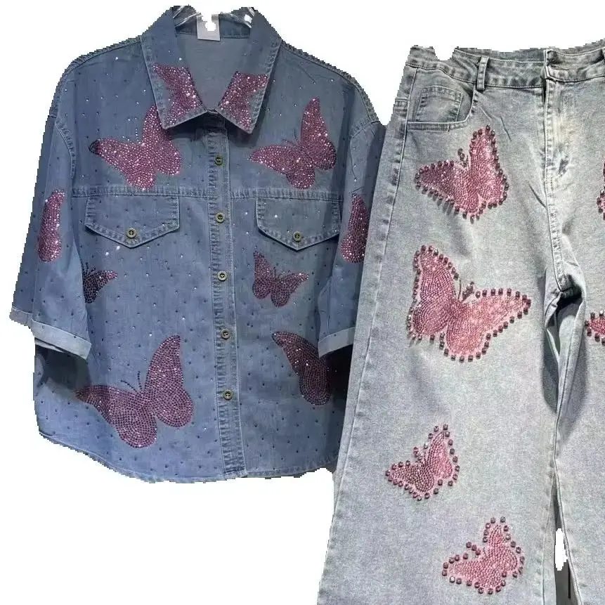 

High Quality Spring Summer Women Denim Sets Diamonds Butterfly Loose Short Sleeve Shirt Top + High Waist Casual Wide Leg Jeans