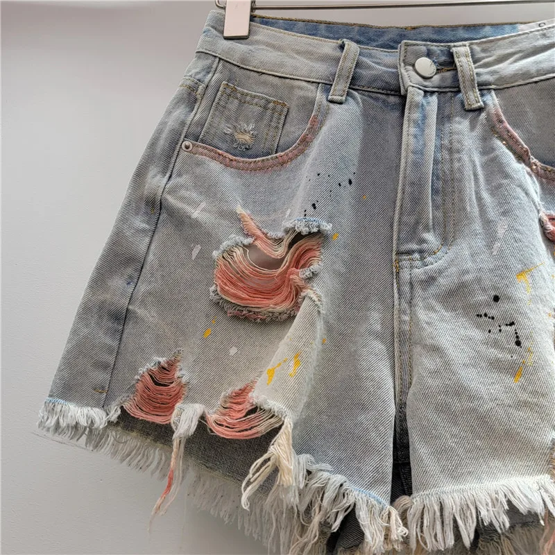 Color Ripped Denim Shorts Women's 2025 Summer New High-waisted Spice Girls A-shaped Rough-edged Wide-leg Pants Hot Pants