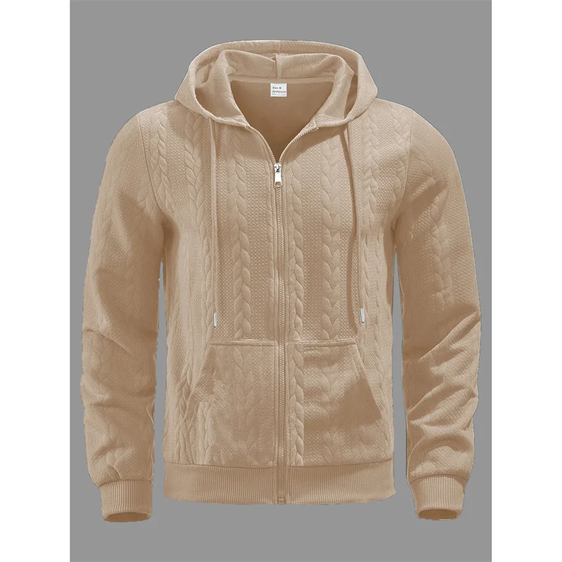 2025 ربيع الخريف نمط جديد الرجال فضفاض لون نقي سستة موضة الجاكار محبوك جاكت مزود بغطاء للرأس الرجال عادية البلوز اللياقة البدنية