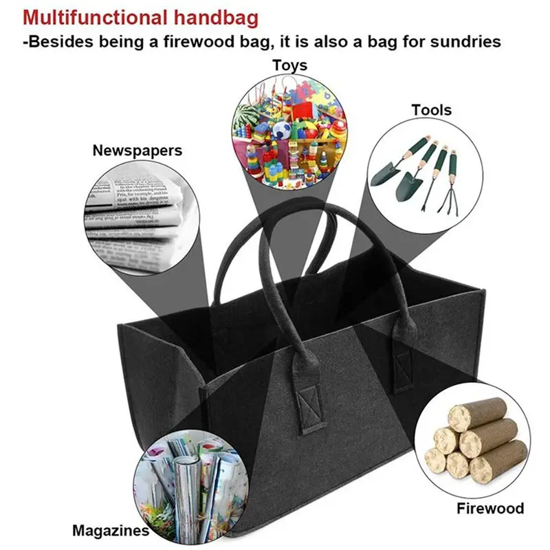AT63-2X Fireplace Wood Felt Storage Bag Basket Magazine Rack Firewood Pocket,Felt Foldable Firewood Holder Basket Black