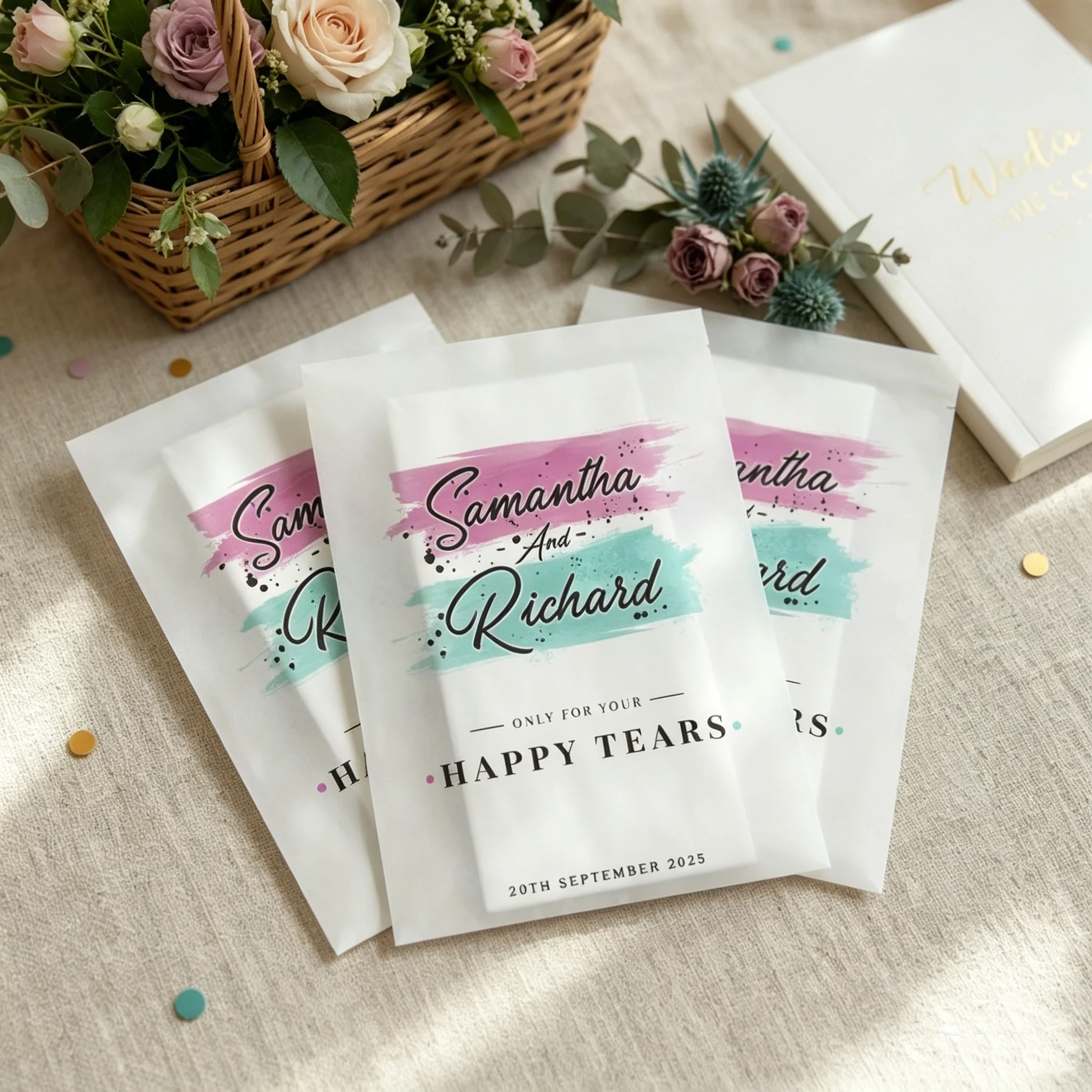 Floral Basket Decor Wedding Mini Tissues, Custom Printed Pocket Tissue Packs, Party Guest Gift Supplies view 6