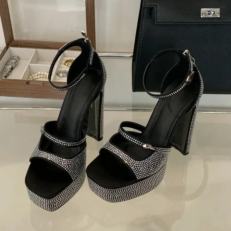 أحذية نسائية موضة صنادل عالية الكعب الجوف خارج المفتوحة تو الصنادل منصة كعب مربع أحذية للنساء أحذية الحفلات Zapatos