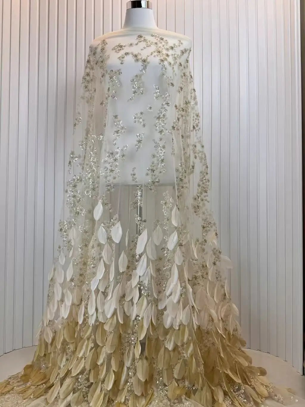 Luxury African 3D Feather Lace Fabric Beaded Embroidery with French Sequins High Quality for Nigerian Wedding Dress Sewing view 4