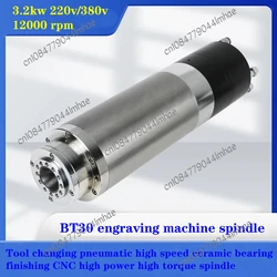 BT30 Pneumatic tool changer spindle for engraving machine, 3.2 kW 12000 rpm high speed, ceramic bearings, CNC finishing