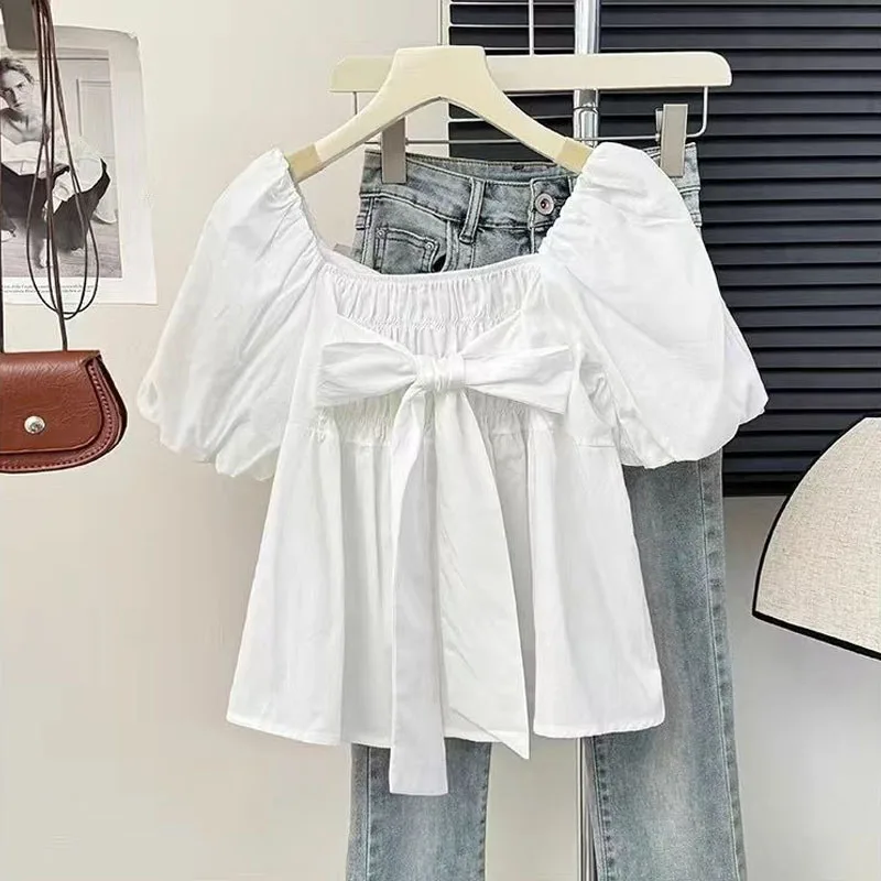 Summer New Solid Color Square Collar Pleated Spliced Bow Pan Button Fashion Sweet Slim Puff Sleeve Women\'s Chiffon Shirt Blouse