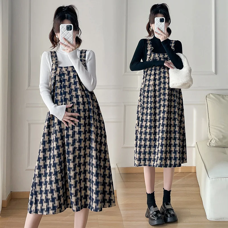 

Premium Houndstooth Maternity Dress Set for Pregnant Women Slimming Pinafore with Blouse Elegant Fall Winter Two Piece Outfit