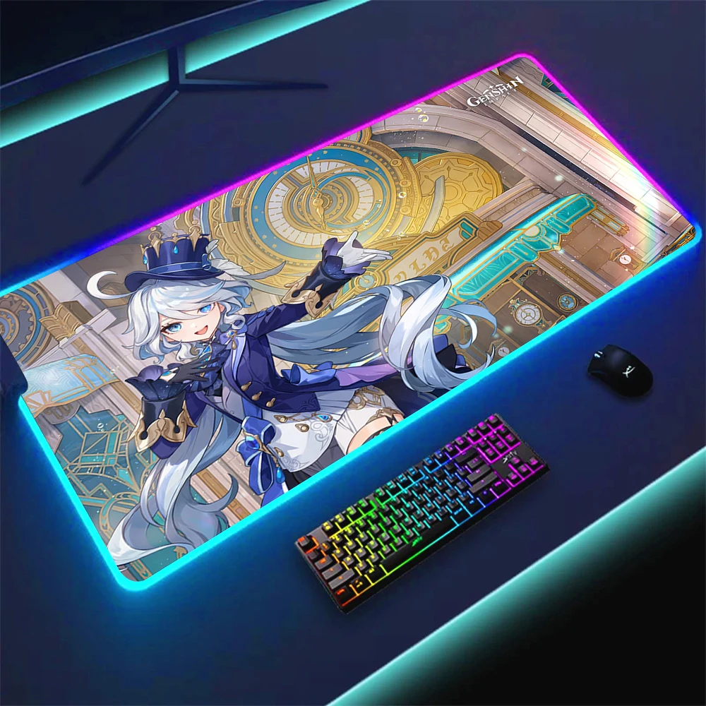 

HD Printing Genshin Impact Furina RGB Mouse Pad Large Gaming Keyboard Rubber Carpet Xxl Computer Backlit Deskmat Kawaii Mousepad