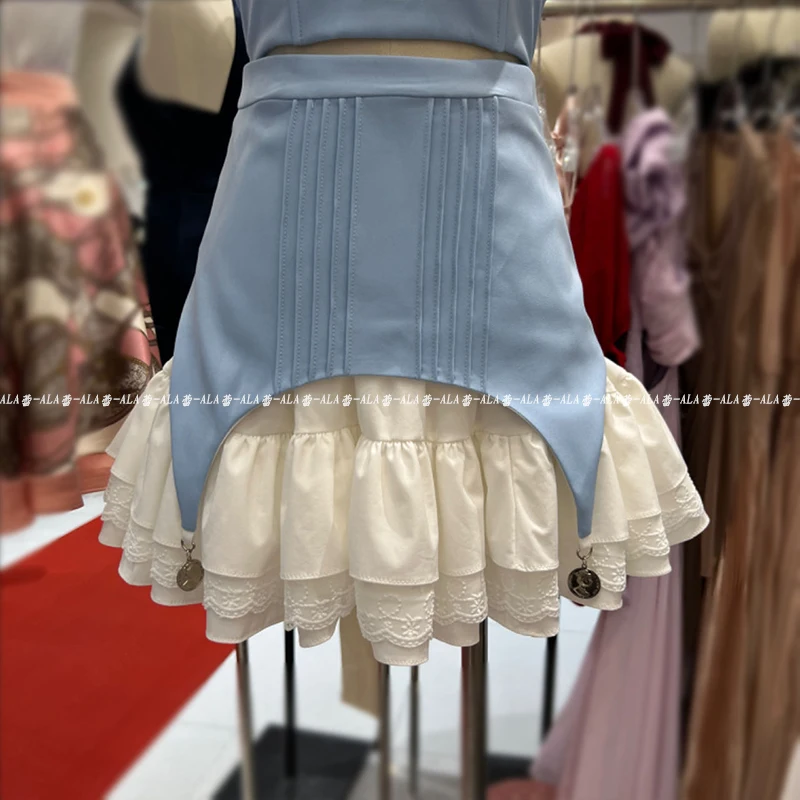 French Sweet Cute Sexy Hot Girl Sleeveless Backless Camisole Crop Tops High Waist Slim Fit Cake Skirt Two-piece Sets for Women