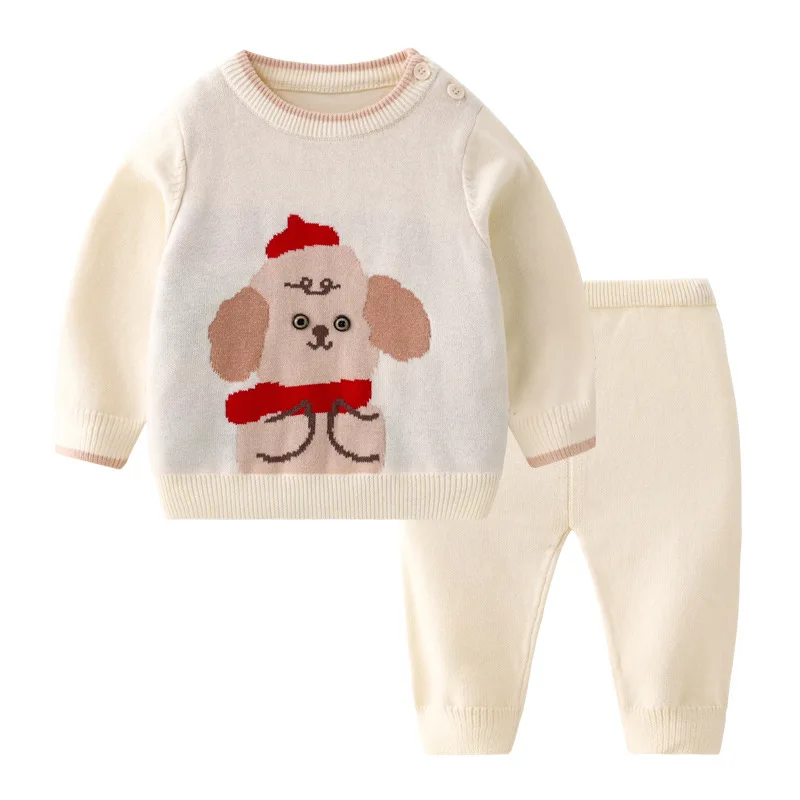 2Piece Spring Autumn Baby Girl Boy Outfit Set Korean Cartoon Cute Dog Knit Sweater Long Sleeve Tops+Pants Newborn Clothes BC1703