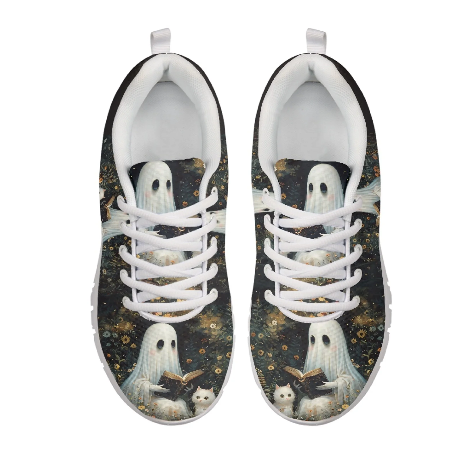 Coloranimal Halloween Ghost Pumpkin Mesh EVA Sole Womens Athletic Walking Sneakers Breathable Lace up Running Shoes for Training