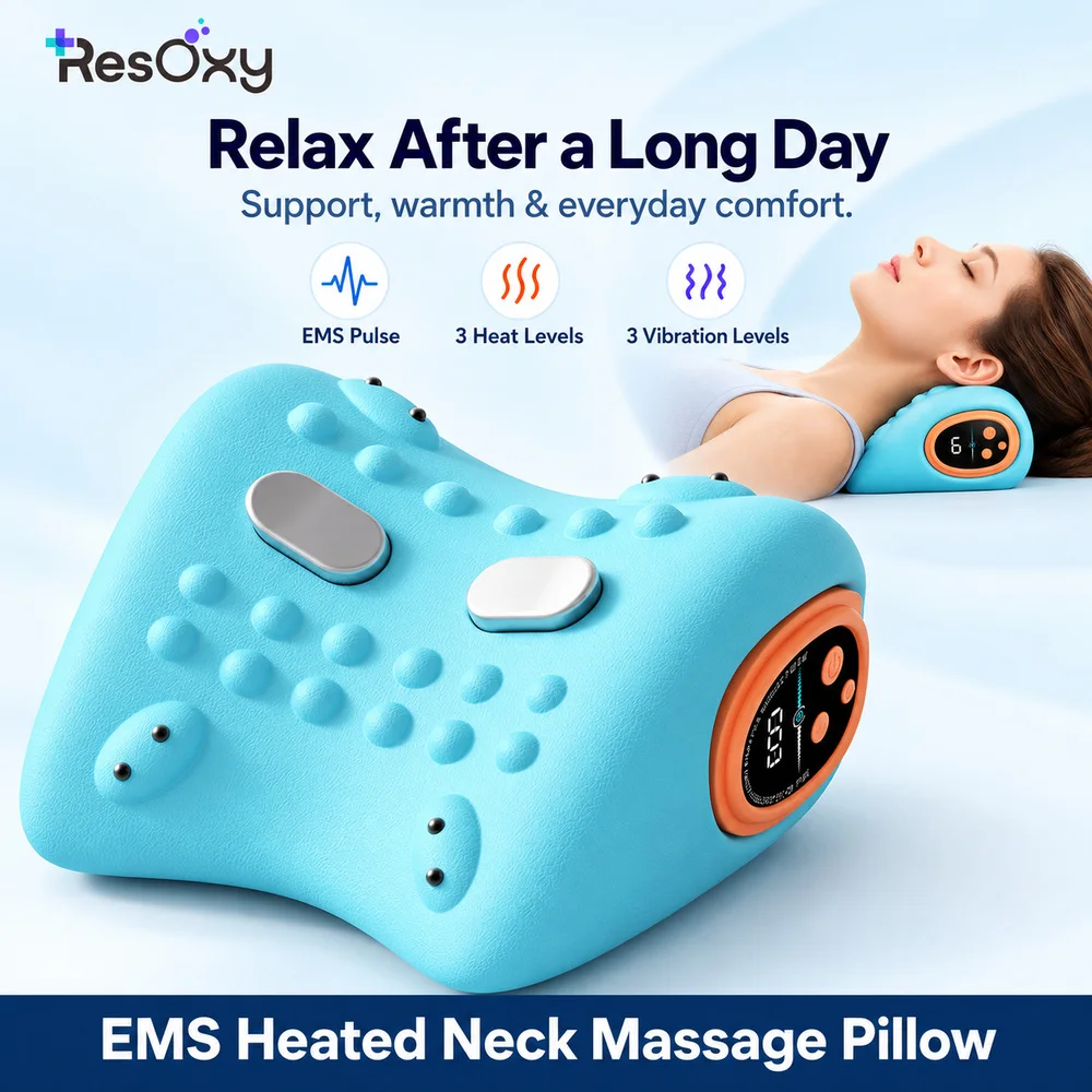 EMS Neck Massage Pillow with Heat 3 Vibration Levels Type C Charging Contoured Neck Support for Home Relaxation After Work