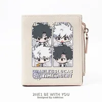 Chibi Black White Link Click Vegan Leather Anime Wallet for Student Bifold RFID Blocking Zipper Mini Purse Short Money Clip