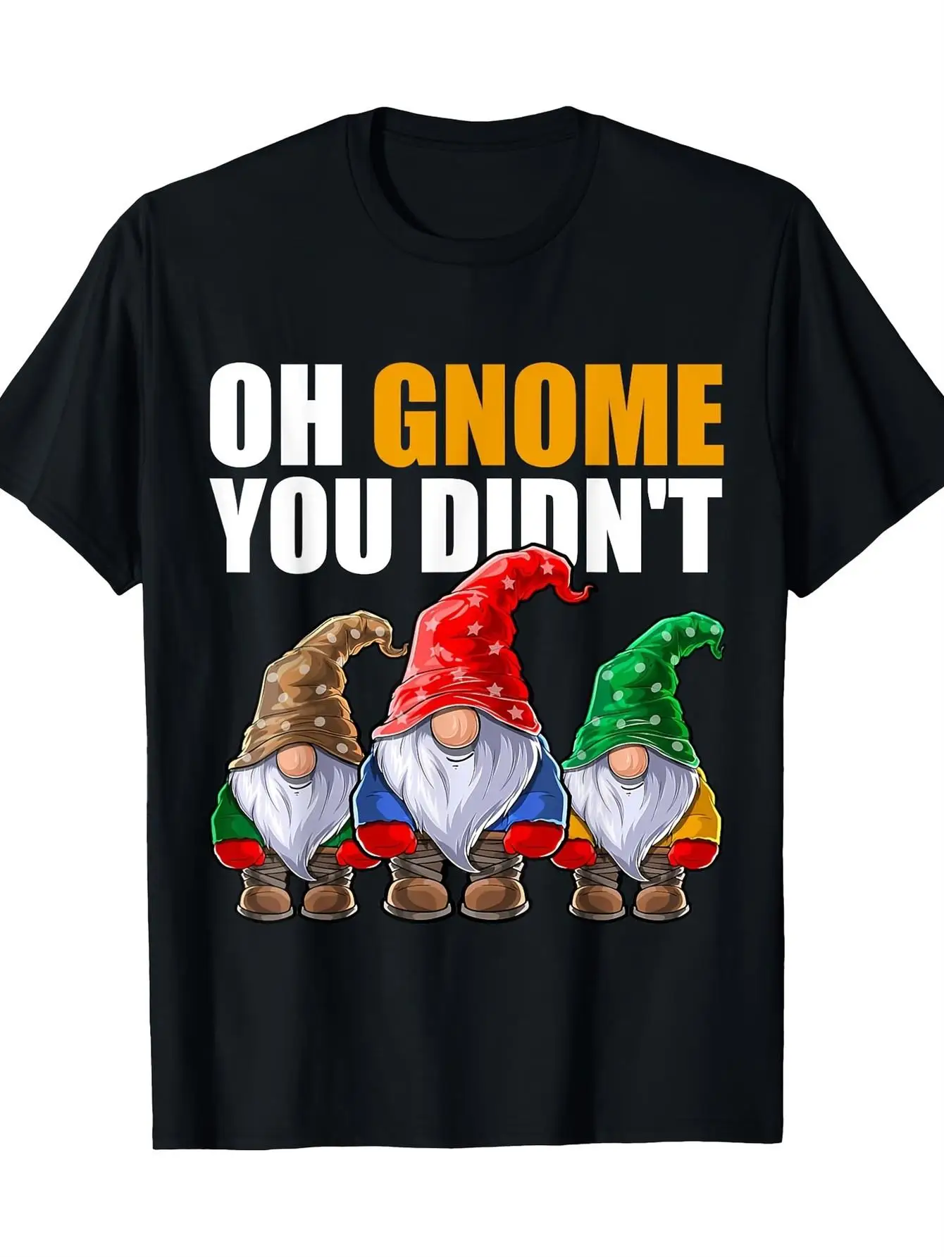Funny Gardening Gnome T-Shirt - Oh Gnome You Didn't Pun - Soft Breathable  Tee for Men  Women - Black Shirt with RedGreenGolden Gnomes - Casual  Garden Party Apparel