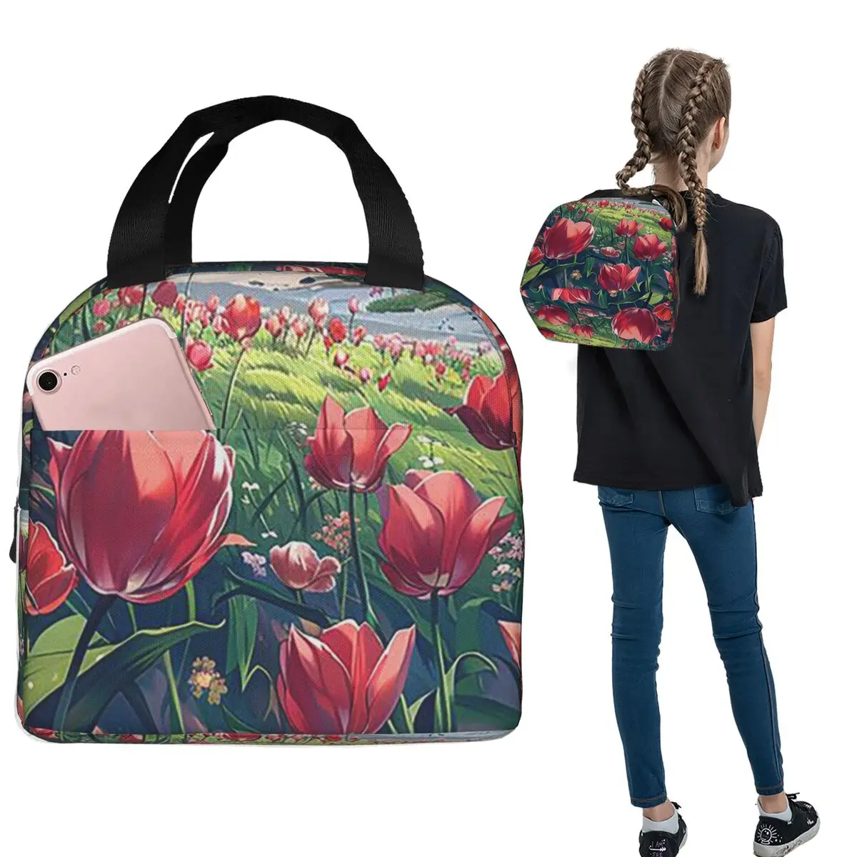 

Изолированная сумка для обеда Red Tulip In The Beach для женщин и детей, портативные коробки для еды, термосумка для обеда
