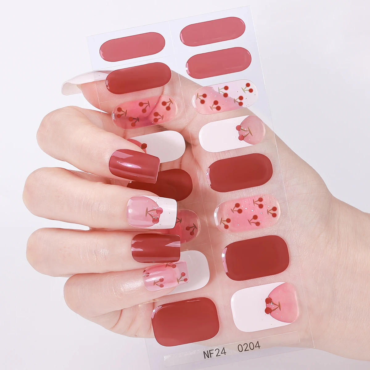 

16Tips French Cherry Semi-Cured Gel Nail Wraps Bow Star Heart Long-Lasting Full Cover Gel Self-Adhesive Gel Nail Sticker