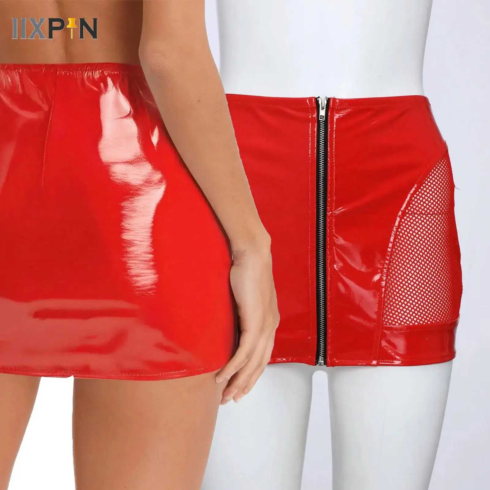 

Womens Glossy PU Bodycon Miniskirt Side Sheer Mesh Front Zipper High Waist Wet Look Skirt Carnivals Party Birthday Clubwear