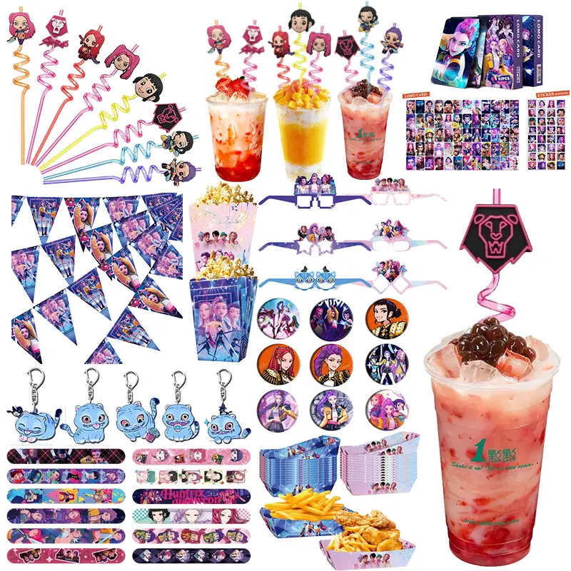 Kpop chasseurs de démons cadeaux de fête d'anniversaire fournitures de décoration Bracelets à gifle autocollants sac porte-clés en paille ballons cadeau de fête pour enfant